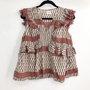 LINI Ruffle Flowy Boho Peasant Blouse 100% Cotton Top Made in India